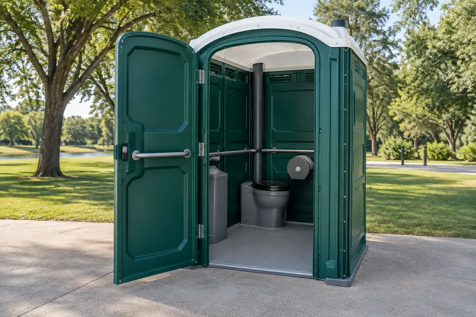 Wide-entry portable toilet with open door and grab rails
