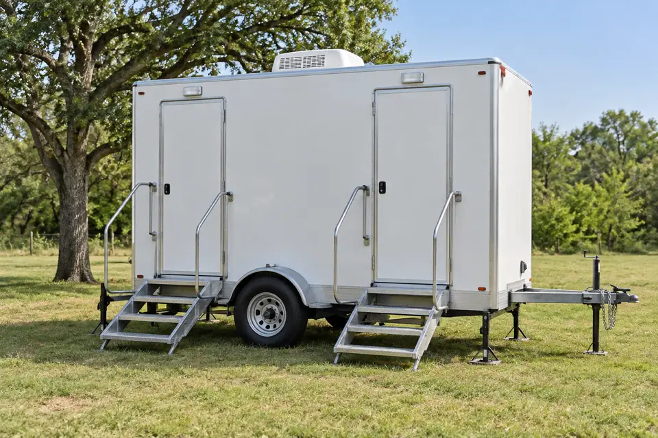 Restroom trailer with exterior steps for an outdoor gathering
