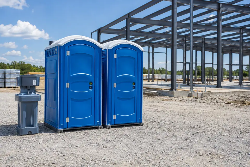 Two portable toilets and a washing station beside a steel-frame worksite