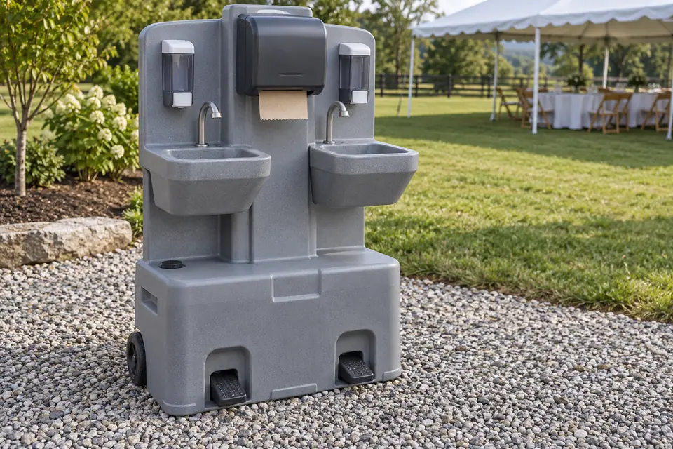 Portable handwashing station beside an outdoor event setup