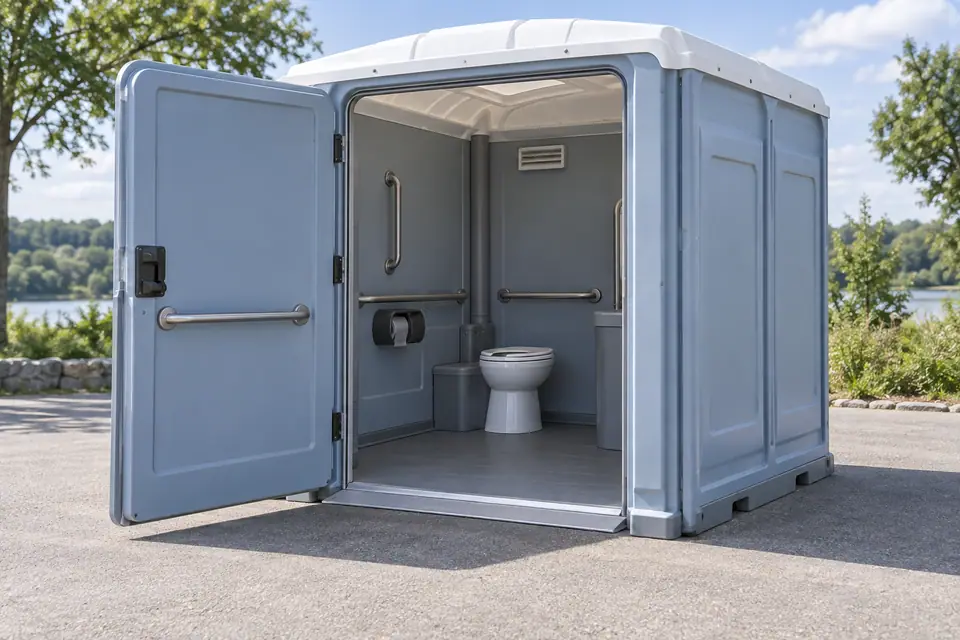Wide-entry portable toilet showing the interior and grab rails