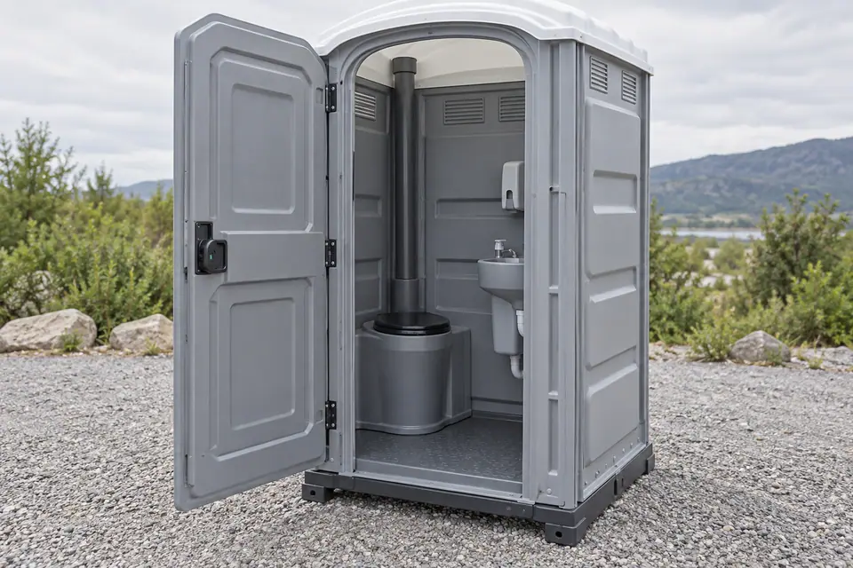 Open portable toilet showing its interior fittings