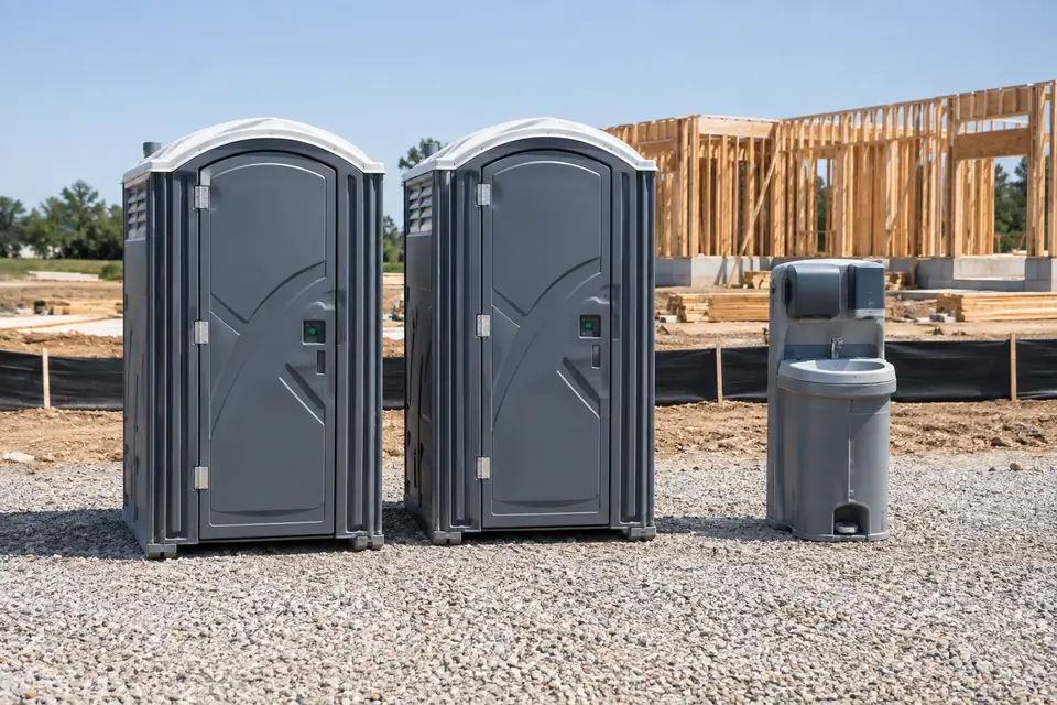 Portable toilets and handwashing beside a timber-frame building site