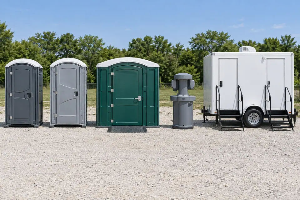 Standard and upgraded porta potties, accessible unit, handwashing station and restroom trailer