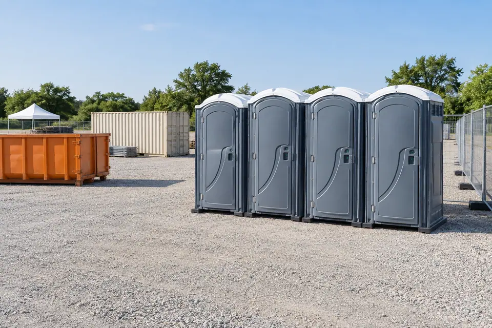 Temporary site equipment including a dumpster, storage, fencing and portable toilets